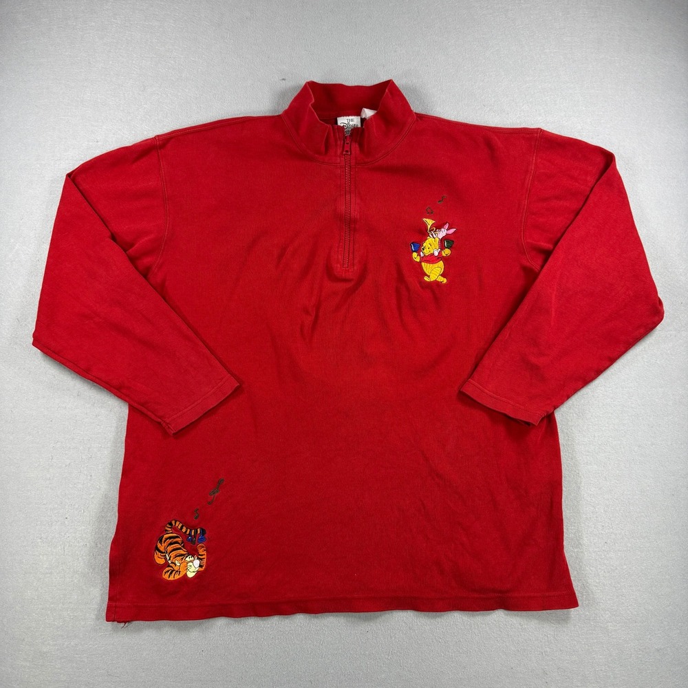 Vintage Winnie The Pooh Pullover Women XL Red 1/4 Zip Tigger Piglet Disney Store